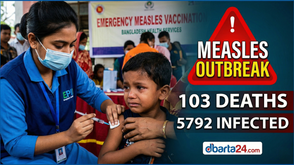 Medical professionals treating children in a crowded hospital ward during the measles outbreak in Bangladesh.