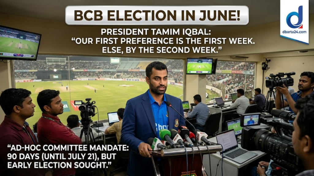 BCB President Tamim Iqbal speaking to journalists at Mirpur Stadium press box; BCB logo and election announcement backdrop