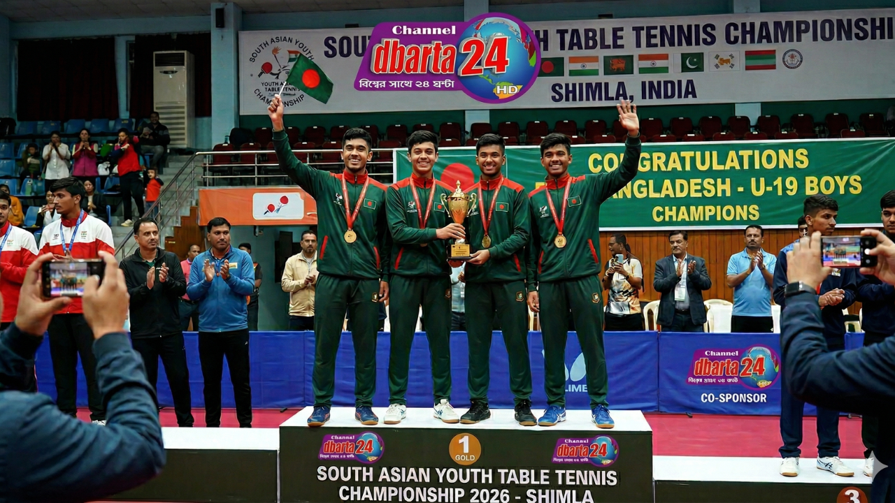 Bangladesh Under-19 boys' table tennis team celebrating gold medal win in Shimla, India.