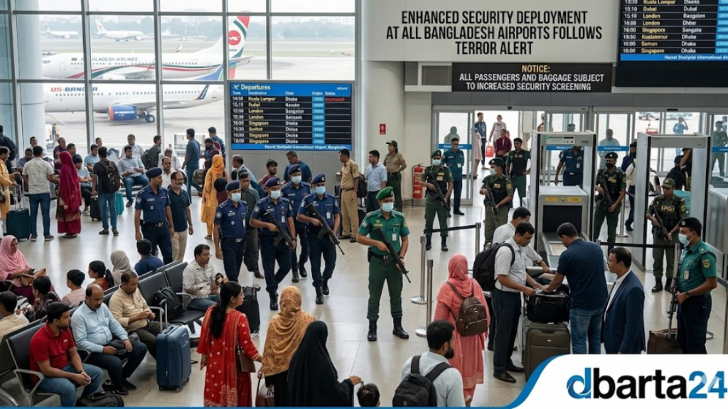 Armed security personnel and surveillance at Hazrat Shahjalal International Airport in Dhaka.