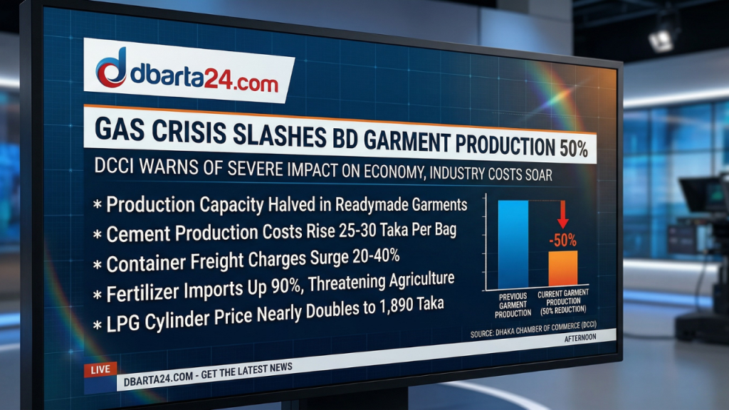 Infographic showing the decline in Bangladesh garment production and rising energy costs according to the Dhaka Chamber of Commerce.