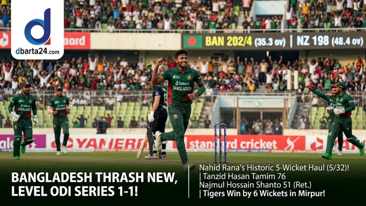 Nahid Rana celebrating his 5-wicket haul against New Zealand; Tanzid Hasan Tamim hitting a boundary; Najmul Hossain Shanto batting during the 2nd ODI