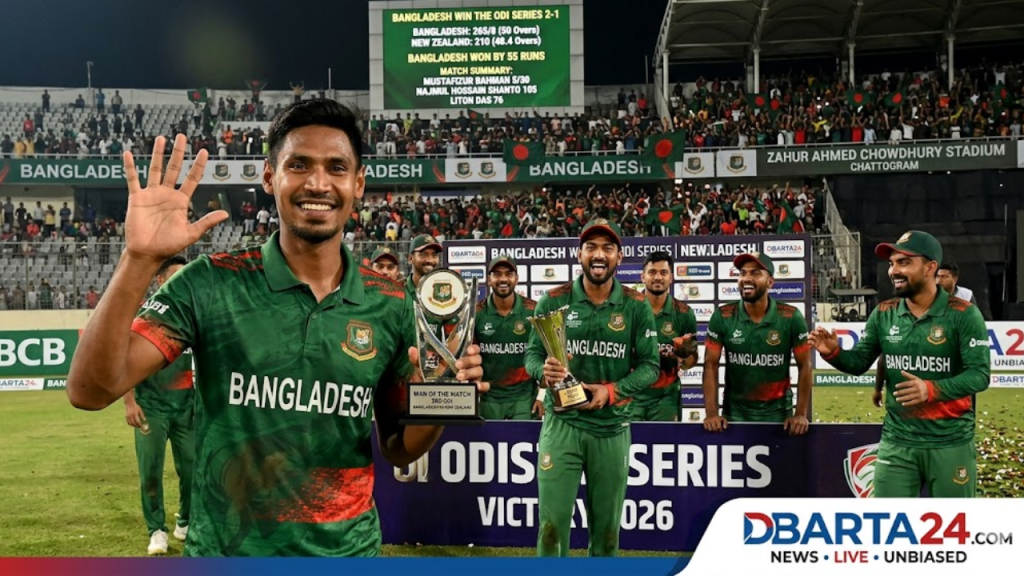 Mustafizur Rahman celebrating a wicket and Najmul Hossain Shanto playing a shot during the 3rd ODI against New Zealand in Chattogram