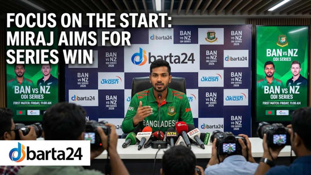 Bangladesh captain Mehidy Hasan Miraj addressing the press conference ahead of the ODI series against New Zealand.