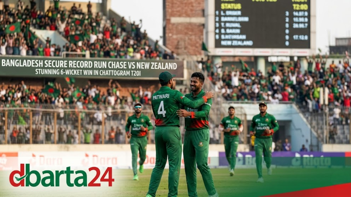 Towhid Hridoy and Shamim Hossain celebrate after Bangladesh's record T20I win against New Zealand in Chattogram.