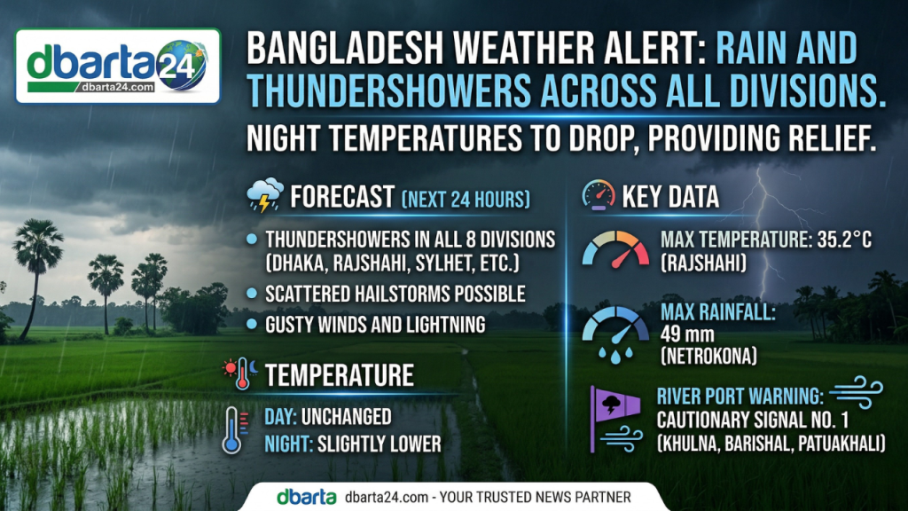 Dark clouds over a Bangladeshi landscape representing a storm and rain forecast.