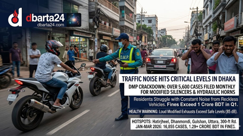 A traffic police officer in Dhaka penalizing a motorcyclist for using a modified loud exhaust.