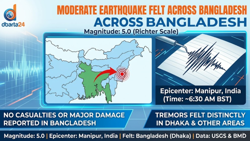 Map showing the epicenter of the earthquake in Manipur near the Bangladesh border; Seismograph recording earthquake tremors.