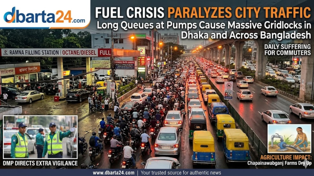 Queues at petrol pump: Long line of motorcycles and cars waiting for fuel at a Dhaka petrol pump.