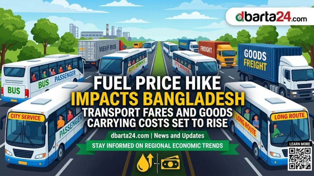 A row of passenger buses at a terminal in Dhaka representing the transport sector impacted by fuel price hikes.