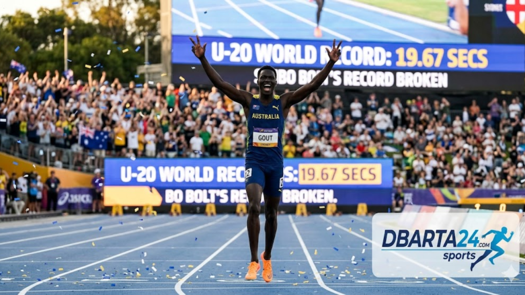 Gout Gout celebrating after breaking Usain Bolt's 200m Under-20 record.