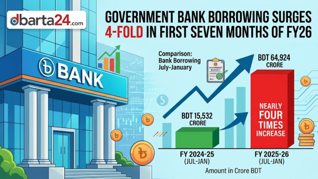 Bangladesh Bank building and stacks of BDT currency representing government borrowing and national economy.