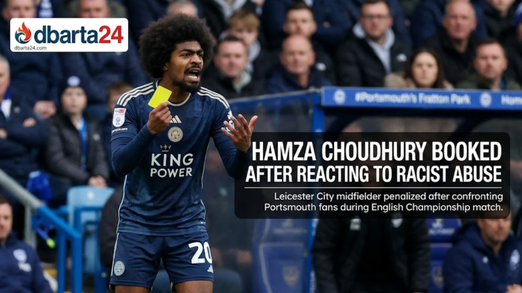 Hamza Choudhury looking frustrated after receiving a yellow card during Leicester City match