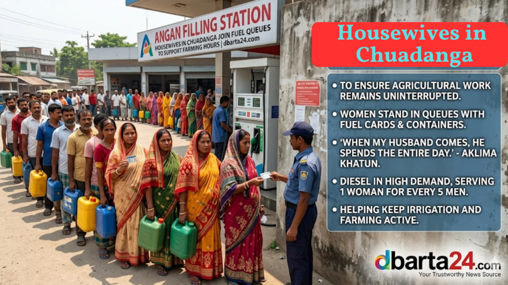 "Housewives in Chuadanga standing in line with plastic containers to collect diesel at a filling station."