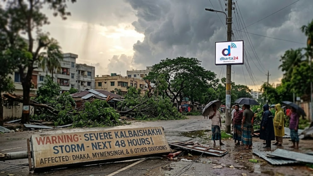 Dark storm clouds gathering over a city in Bangladesh during a Kalbaishakhi (Nor'wester) storm alert.