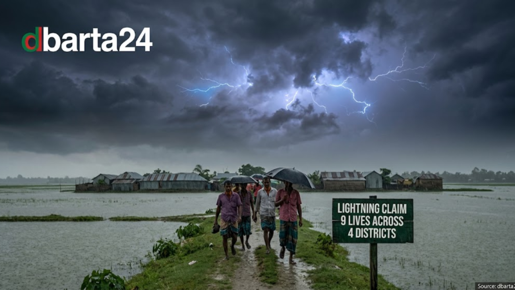 Dark clouds and lightning over a rural haor area in Bangladesh where farmers work.