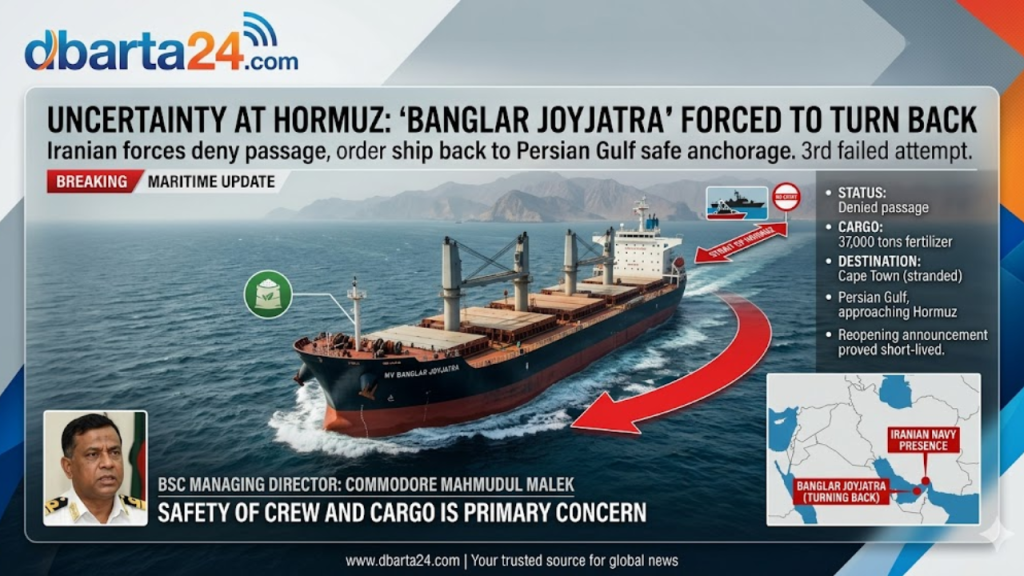 Bangladeshi cargo ship at sea: MV Banglar Joyjatra, a Bangladesh Shipping Corporation vessel, anchored in the Persian Gulf