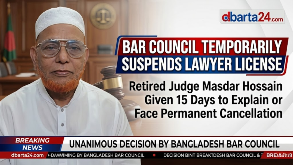 Masdar Hossain, retired judge and lawyer, whose legal practice certificate has been suspended by the Bar Council