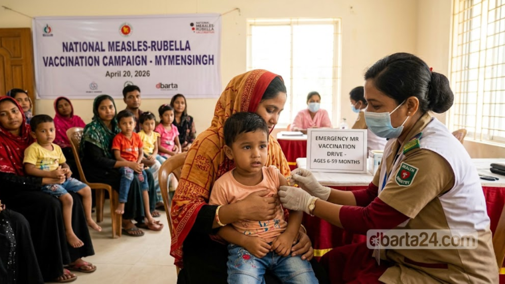 Health Minister Sakhawat Hossain inaugurating the MR vaccination campaign at Little Angel Seminary in Rupganj.