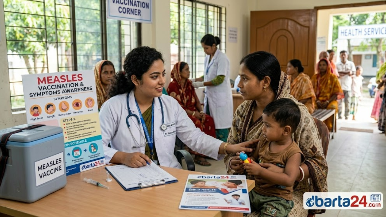 A medical professional providing care or information regarding measles vaccination and symptoms in a Bangladesh clinic