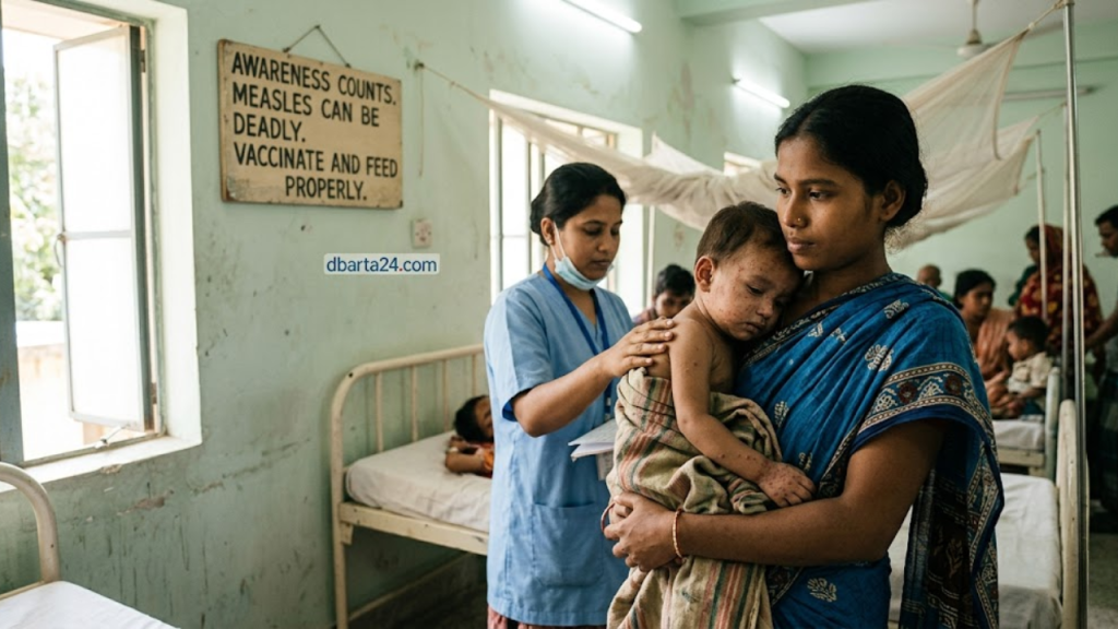 A distressed mother holding an ill child in a Bangladesh hospital during the measles outbreak.