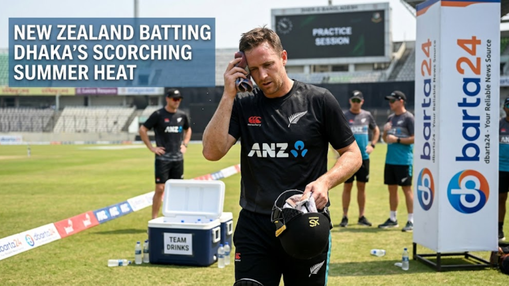 New Zealand cricketers practicing at Sher-e-Bangla National Cricket Stadium in Dhaka under the hot sun.