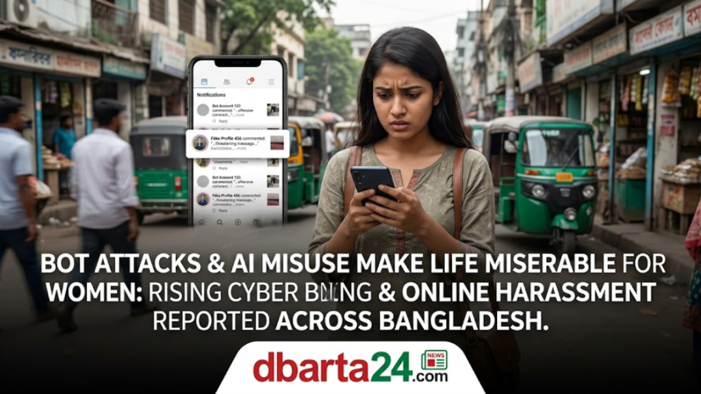 A woman looking distressed while using a smartphone, representing the mental impact of cyber bullying and online harassment