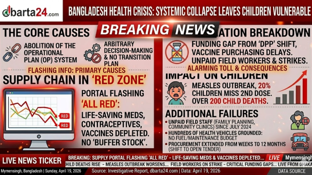 Graphic showing the "All Red" status of the Bangladesh medical supply chain portal during the 2026 health crisis.