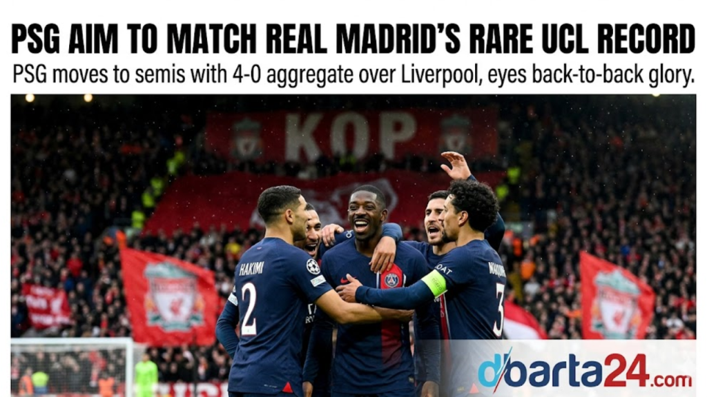 PSG players celebrating Ousmane Dembele's goal against Liverpool at Anfield.