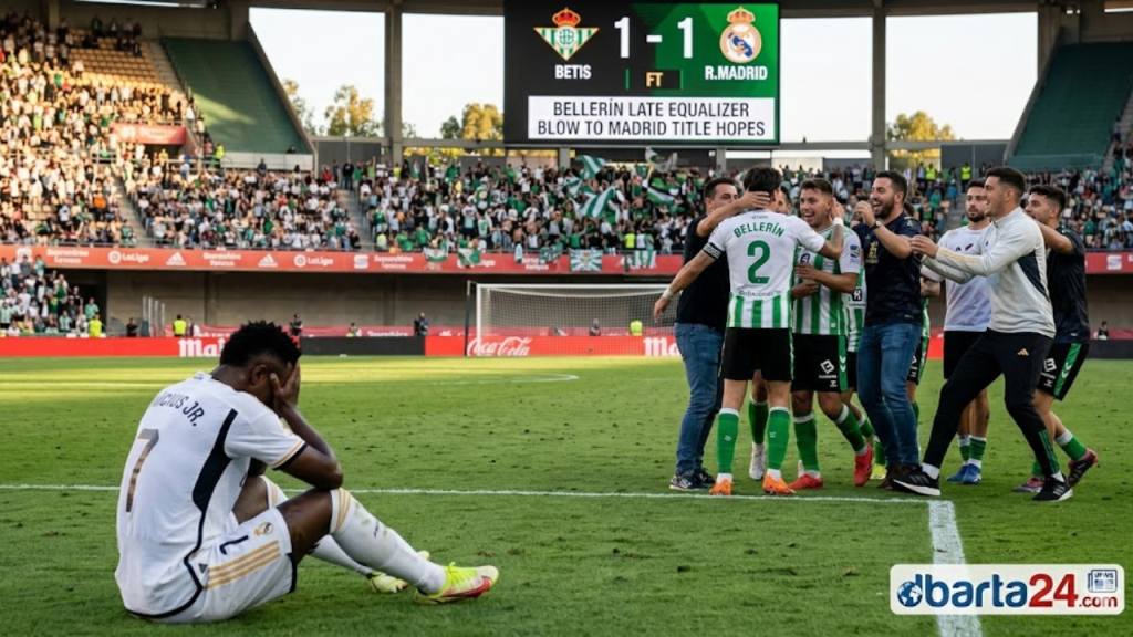 Real Madrid players react in disappointment after Héctor Bellerín scores a late equalizer for Real Betis at La Cartuja Stadium.