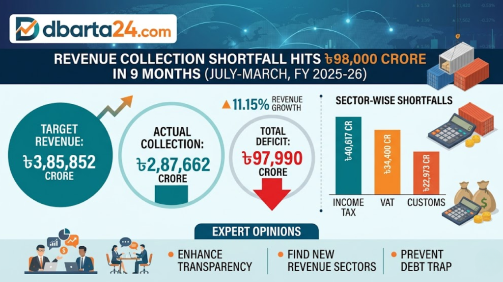 Chart showing Bangladesh revenue collection shortfall and NBR tax data for 2025-26.