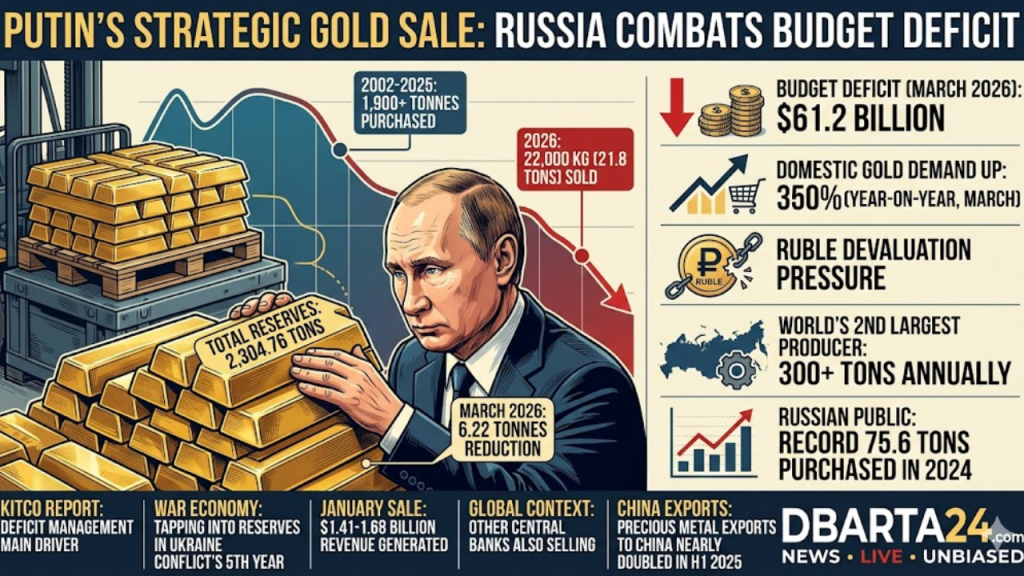 Gold bars representing Russia's national reserves and President Vladimir Putin, symbolizing the recent sale of 22 tons of gold.