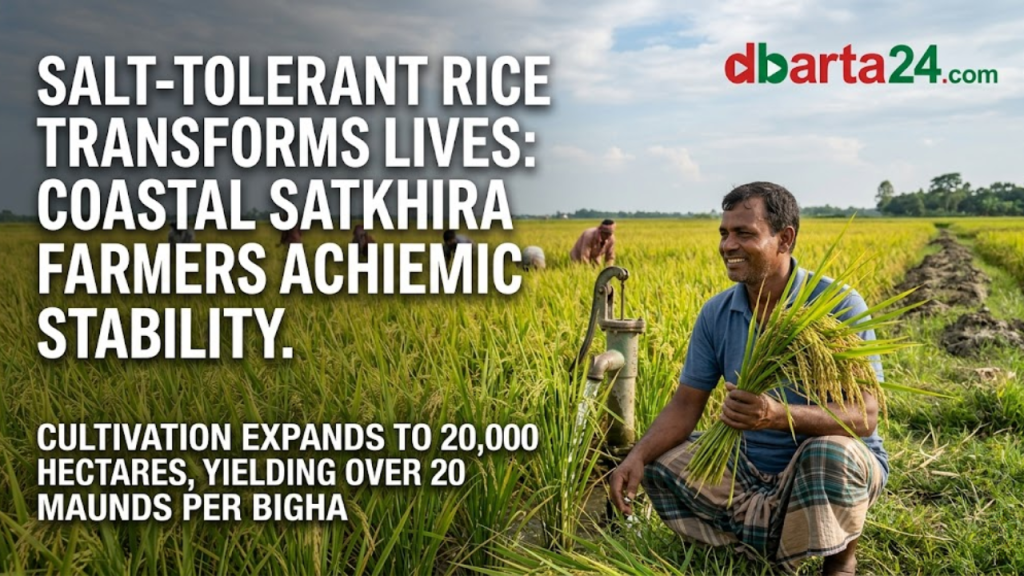 A lush green field of salt-tolerant BINA-10 rice in the coastal region of Satkhira, Bangladesh