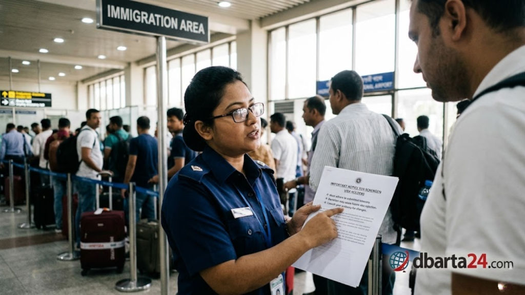 Official seal and Schengen visa documentation representing travel compliance for Bangladeshi citizens.