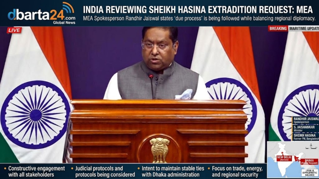 pokesperson Randhir Jaiswal: Randhir Jaiswal addressing the media regarding the Sheikh Hasina extradition request.