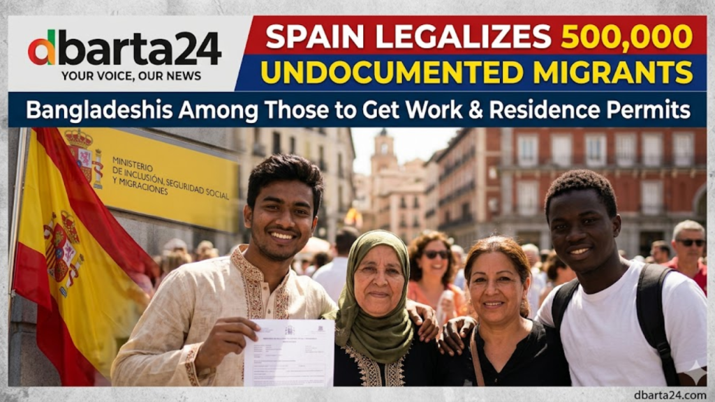 Spanish flag and European Union office representing the new migration decree for 500,000 undocumented workers.