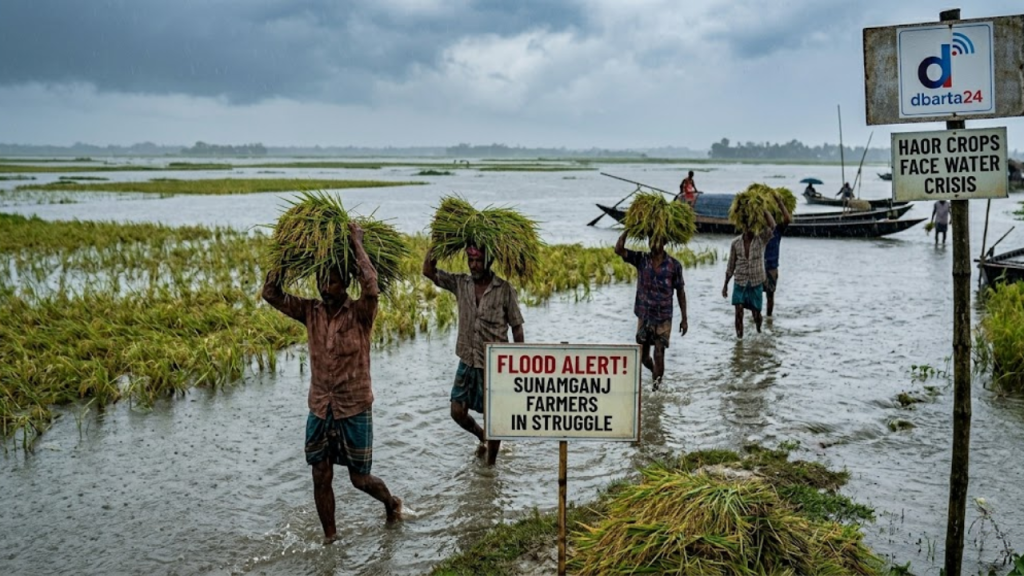 Farmers struggling to harvest paddy in a rain-soaked haor in Sunamganj under the threat of flash floods.