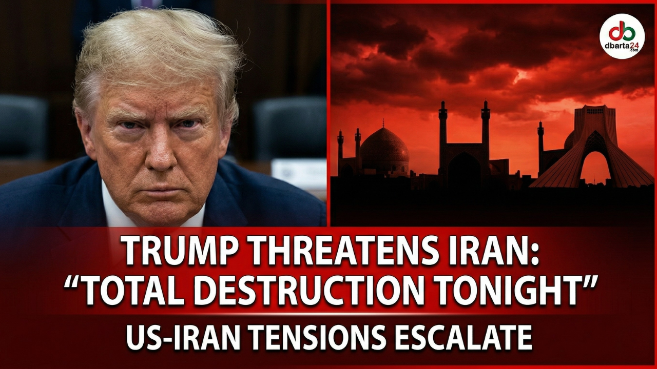 A graphic image showing a split screen: on the left, a determined-looking Donald Trump, and on the right, a silhouette of Iranian landmarks under a red, ominous sky. Bold English text overlays: 'TRUMP THREATENS IRAN: "TOTAL DESTRUCTION TONIGHT"'.