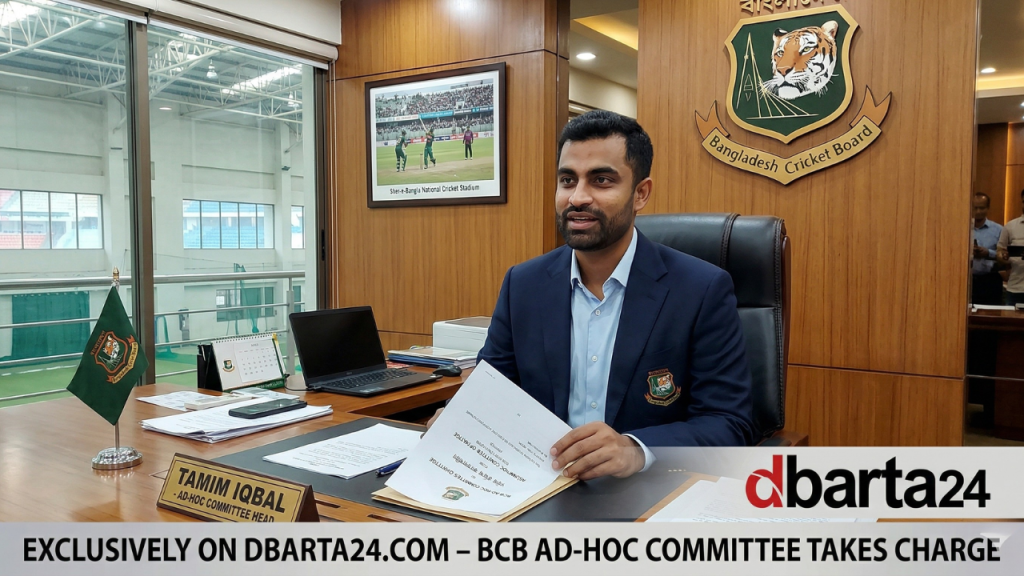 Former captain Tamim Iqbal sitting in the BCB President's chair after being appointed as head of the ad-hoc committee.