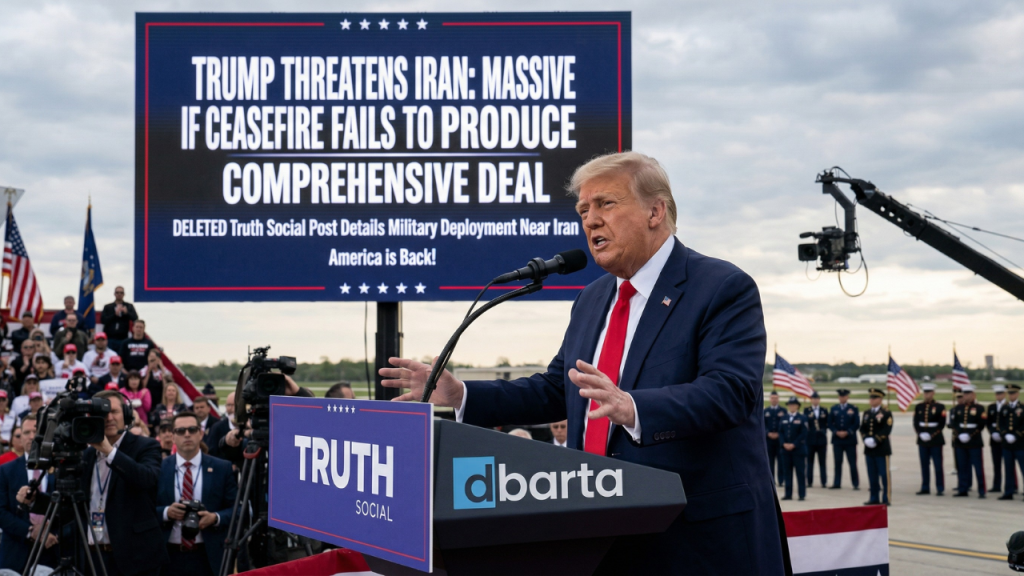 U.S. President Donald Trump making a gesture during a White House press conference regarding the Iran ceasefire and military deployment.