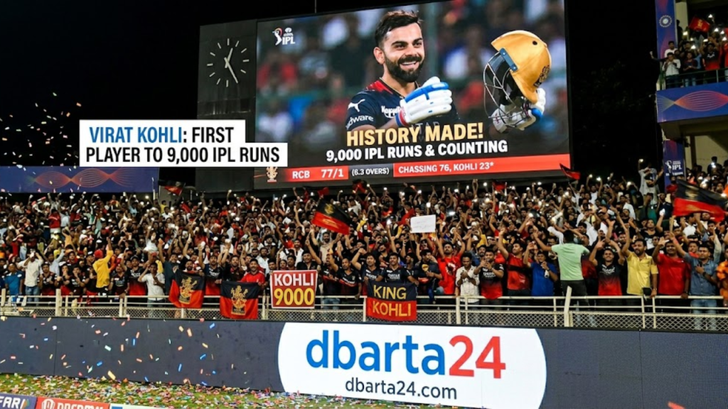 Virat Kohli celebrating his milestone of 9,000 runs in IPL during the match against Delhi Capitals.