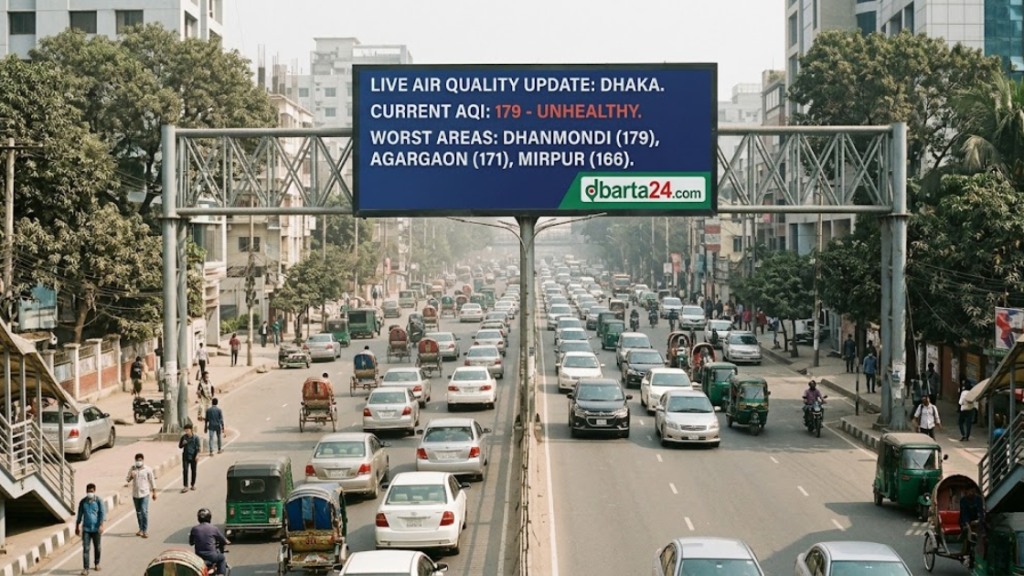 A hazy view of Dhaka city traffic representing high levels of air pollution.