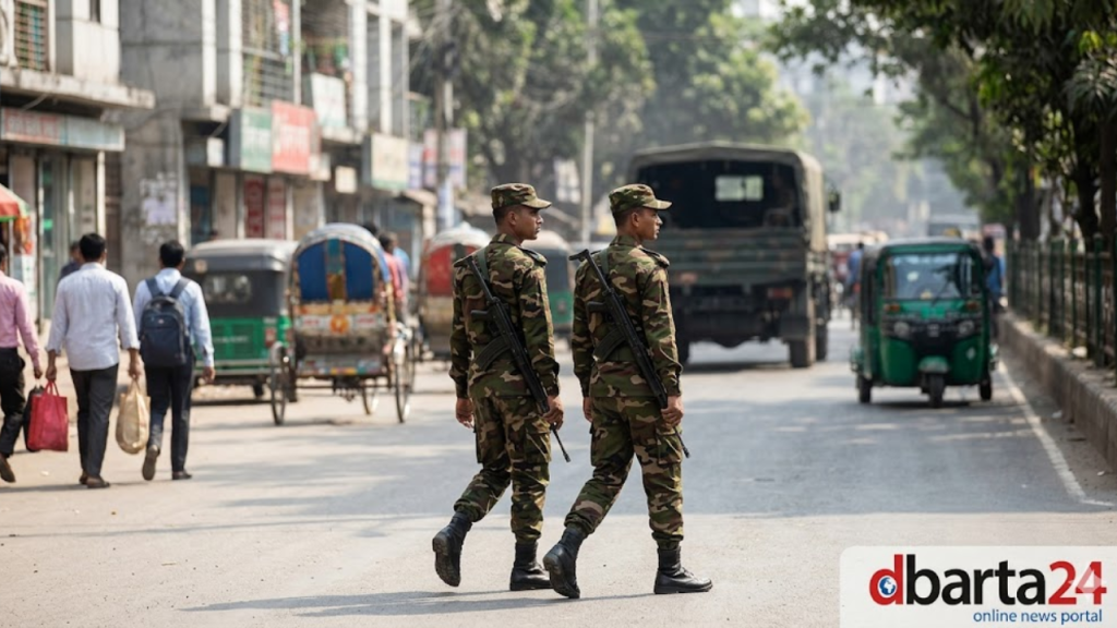 Bangladesh Army personnel patrolling during field duty in a city street