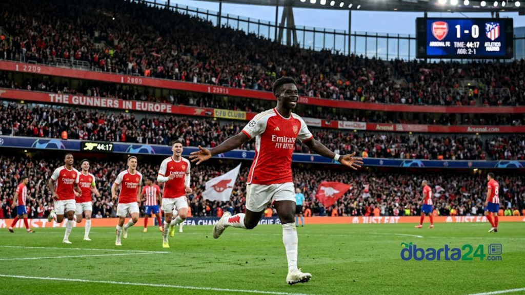 Bukayo Saka celebrating his winning goal for Arsenal against Atletico Madrid in the Champions League semi-final.