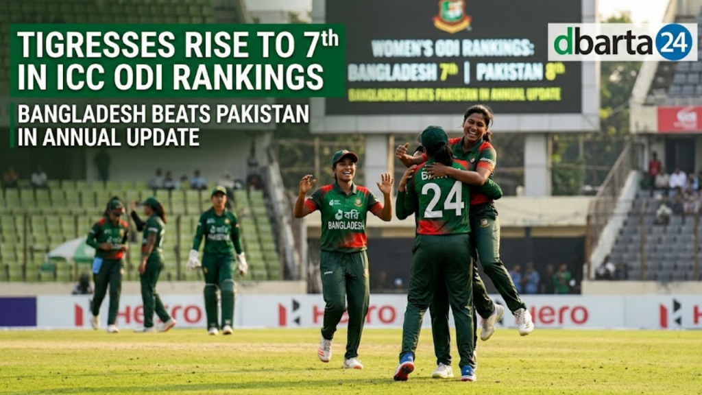 Bangladesh Women's National Cricket Team celebrating a victory on the field, representing their rise to 7th in the ICC ODI rankings