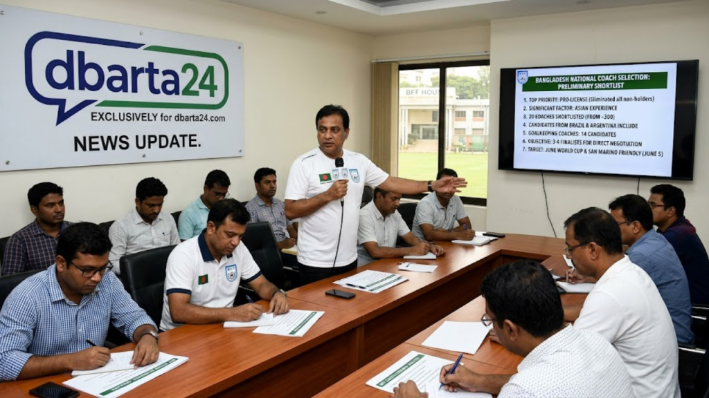 BFF committee members discussing the shortlist for the new Bangladesh National Football Team head coach at BFF House, Dhaka.