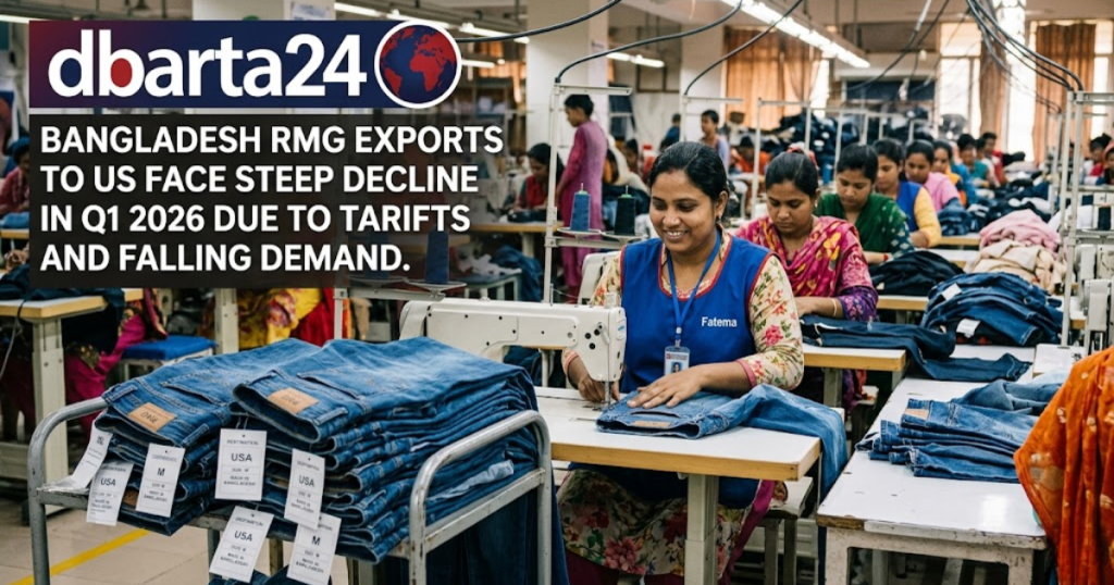 High-volume garment shipping containers and Bangladeshi apparel factory workers representing the US export market.