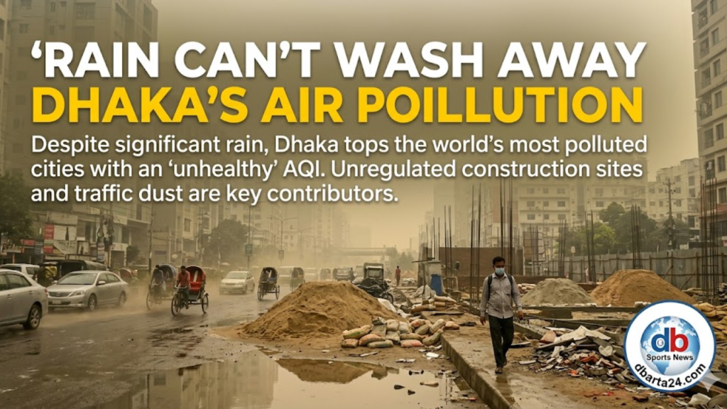 Construction materials left open on Bailey Road, Dhaka, contributing to severe air pollution and dust.