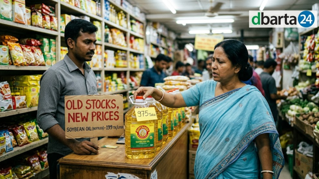 A retail grocery shop in Dhaka displaying rows of bottled soybean oil during the price hike crisis in Bangladesh.