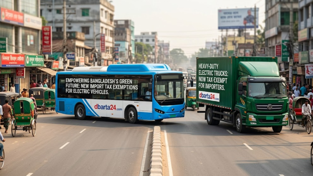A modern electric bus and heavy-duty electric truck representing the new import tax exemption policy in Bangladesh.